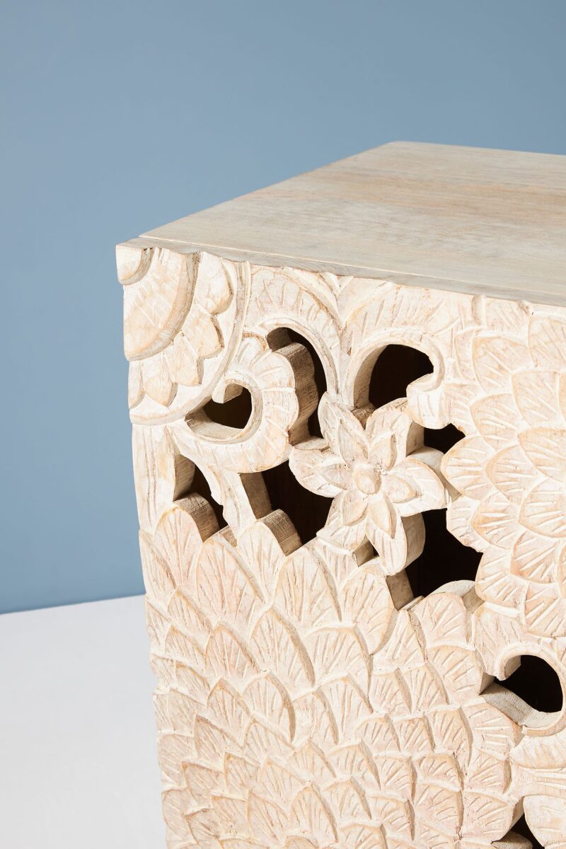 hand carved chest of drawers, indian carved nightstand, jali carved nightstand, white carved bedside table, white carved chest of drawers, white carved nightstand, white carved wood nightstand, wood carved nightstand, Bone Inlay Cabinet, Handcarved Bone Inlay Cabinet
