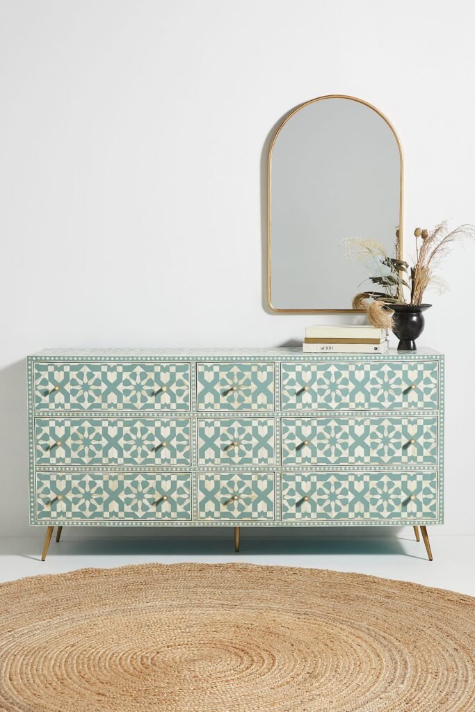 Bone Inlay Furniture Manufacturer in Los Angeles, Bone Inlay Furniture Los Angeles, Bone Inlay Chest of 9 Drawers Los Angeles, Moroccan Inlay Nine-Drawer Dresser Los Angeles
