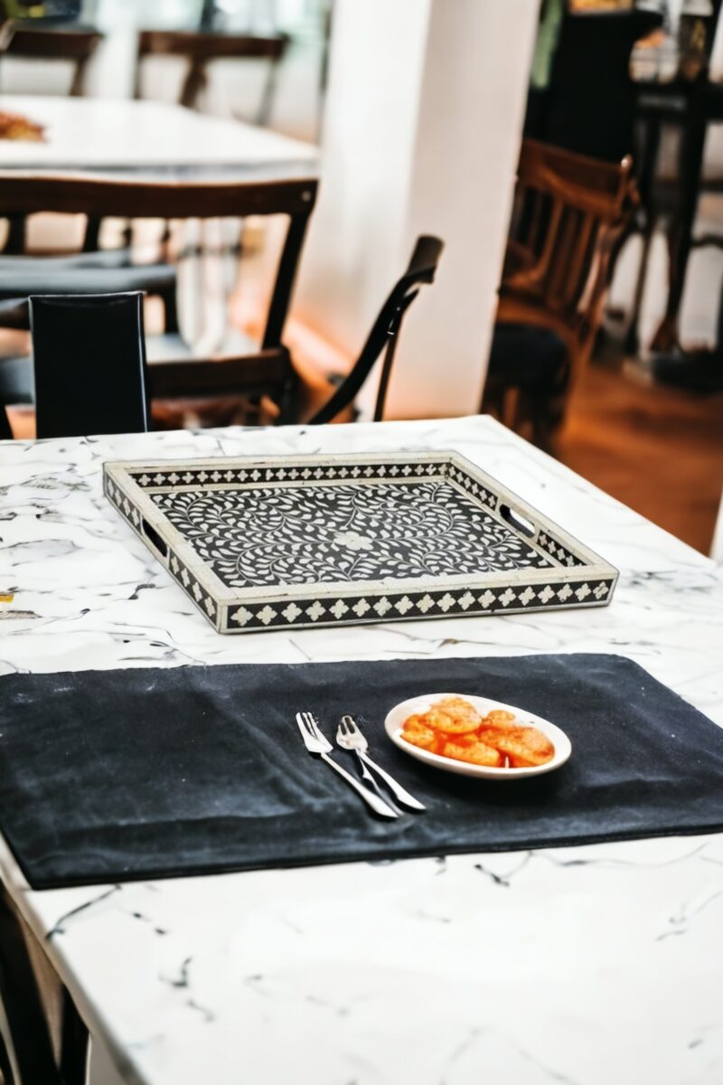 black and white bone tray, black bone inlay tray, blue and white bone tray, bone decorative tray, bone inlay decorative tray, bone inlay hexagon tray, bone inlay nesting trays, bone inlay rectangular tray, bone inlay tray in usa, bone inlay tray large