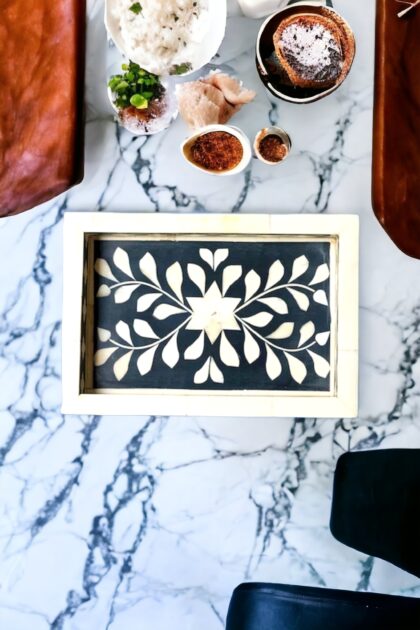 white bone inlay tray, white bone tray, black and white bone tray, black bone inlay tray, blue and white bone tray, bone decorative tray, bone inlay decorative tray, bone inlay hexagon tray, bone inlay nesting trays, bone inlay rectangular tray