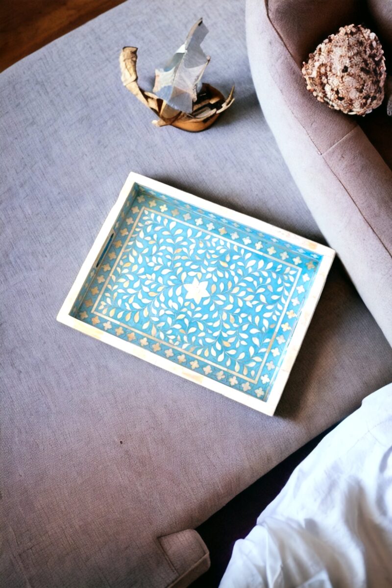 bone inlay tray blue, bone inlay tray round, bone serving tray, brass inlay marble tray, faux bone tray, herringbone tray, inlaid bone tray, large bone tray, marble inlay tray, round bone inlay tray