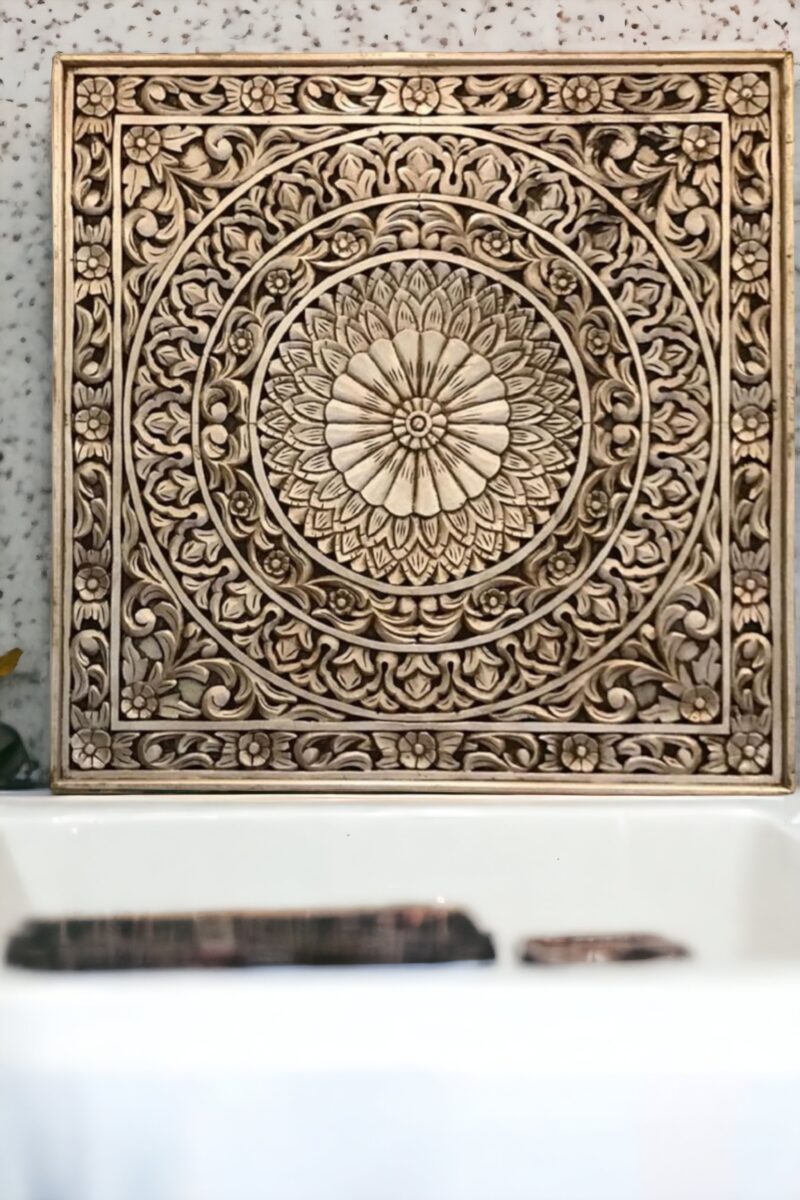 Rustic wood wall art, Antique finish wall panel, Floral design wall hanging, Artisan woodwork wall decor, Vintage-inspired wooden panel, Handmade wood art piece, Distressed wood wall plaque, Wooden relief sculpture, Traditional carved panel, Ethnic wood wall design
