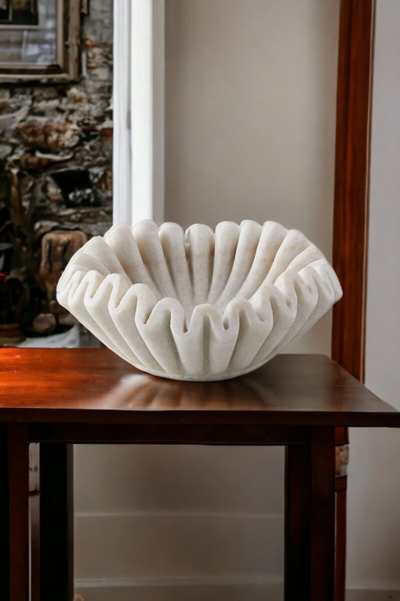 marble serving bowl, decorative bowl, stone bowl, jewellery dish, handcarved bowl, home décor, marble décor, white uruli key bowl, ring tray, ruffle bowl