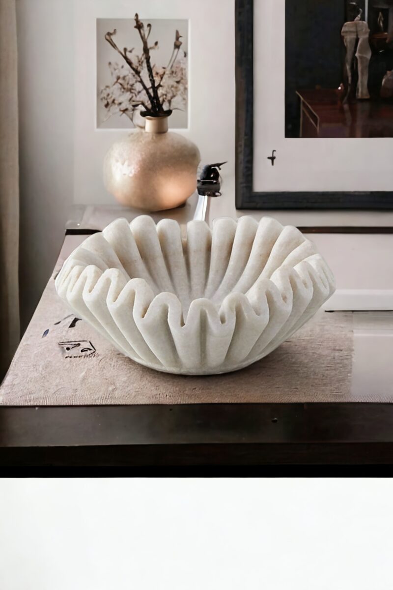 home décor, marble décor, white uruli key bowl, ring tray, ruffle bowl, Ruffled bowl, gift for her him, marble bowl, handmade stone bowl, Indian jewelry bowl
