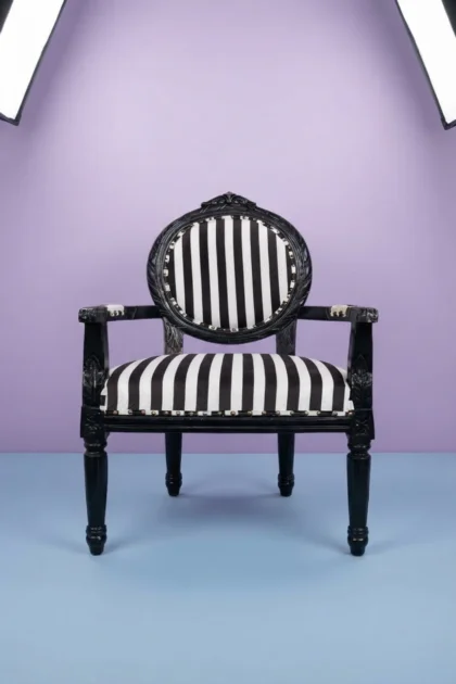 baroque velvet armchair,black chair with arms,luxury velvet accent chair with armrest,stripped velvet baroque armchair,designer black lounge armchair,upholstered accent chair with armsArchibald_Baroque_Velvet_Stripped_Black_Chair_with_Arm_image_01_front_view_luxury_velvet_accent_chair_lounge_seating_designer_living_room_upholstered_artisan_premium_interior.webp