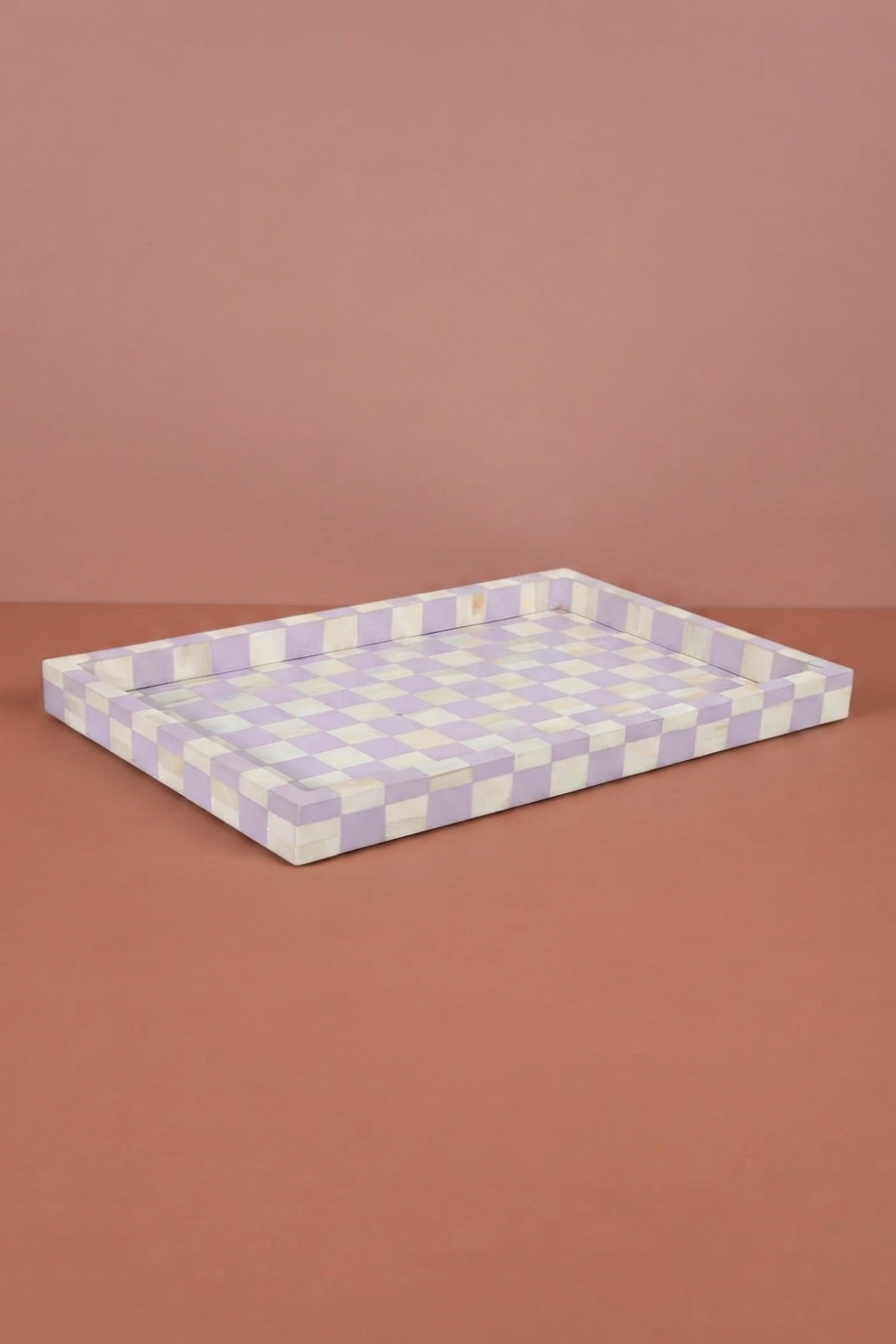 Bone Inlay Checkerboard Tray Lilac, buy bone inlay checkerboard tray, luxury bone inlay checkerboard tray, handcrafted bone inlay checkerboard tray, handmade bone inlay checkerboard tray, bone inlayBone_Inlay_Checkerboard_Tray_Lilac_image_01_front_view_luxury_bone_inlay_decorative_tray_serving_tray_tabletop_home_decor_handcrafted_artisan_premium_interior_accent.webp