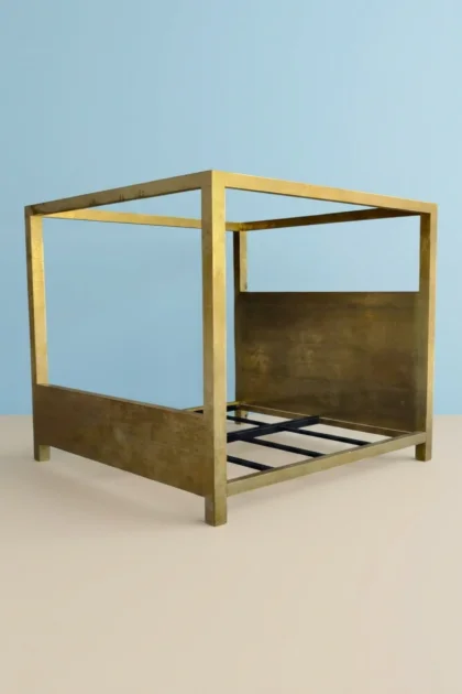 Hammered Brass Embossed Four Poster Bed, buy hammered brass embossed four, luxury hammered brass embossed four, handcrafted hammered brass embossed four, handmade hammered brass embossed four, brassHammered_Brass_Embossed_Four_Poster_Bed_image_01_front_view_luxury_handcrafted_bedroom_bed_headboard_four_poster_embossed_statement_artisan_premium_interior_furniture.webp