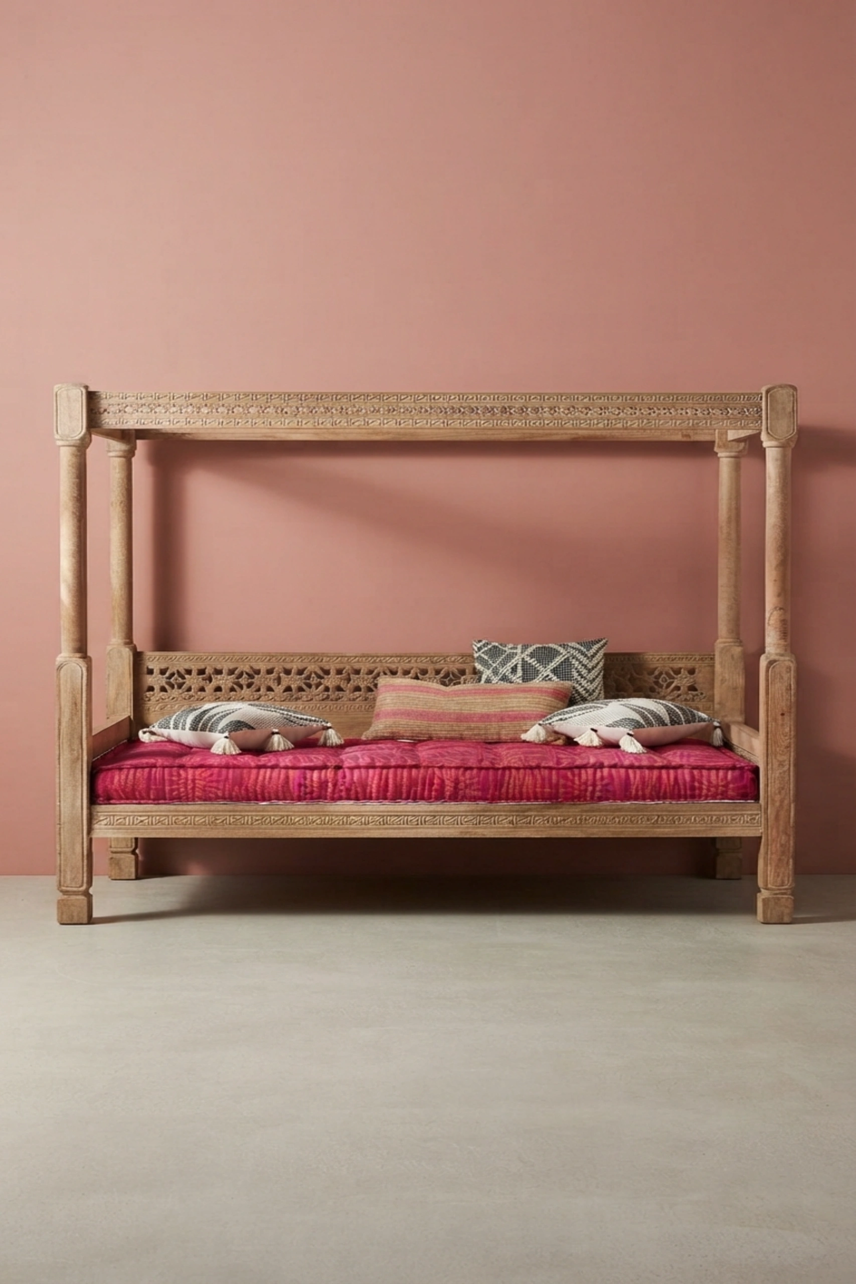 Handcarved Ezana Canopy Daybed Natural, buy handcarved ezana canopy daybed, luxury handcarved ezana canopy daybed, handcrafted handcarved ezana canopy daybed, handmade handcarved ezana canopy daybedHandcarved_Ezana_Canopy_Daybed_Natural_image_01_front_view_luxury_handcarved_wooden_daybed_cane_bedroom_living_room_lounge_artisan_premium_interior_furniture.webp