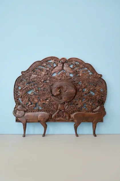 Handcarved Menagerie Deer Fox Headboard Dark Brown, buy handcarved menagerie deer fox, luxury handcarved menagerie deer fox, handcrafted handcarved menagerie deer fox, handcarved menagerie deer designHandcarved_Menagerie_Deer_Fox_Headboard_Dark_Brown_image_01_front_view_luxury_handcrafted_bedroom_bed_headboard_four_poster_embossed_statement_artisan_premium_interior_furnitu.webp