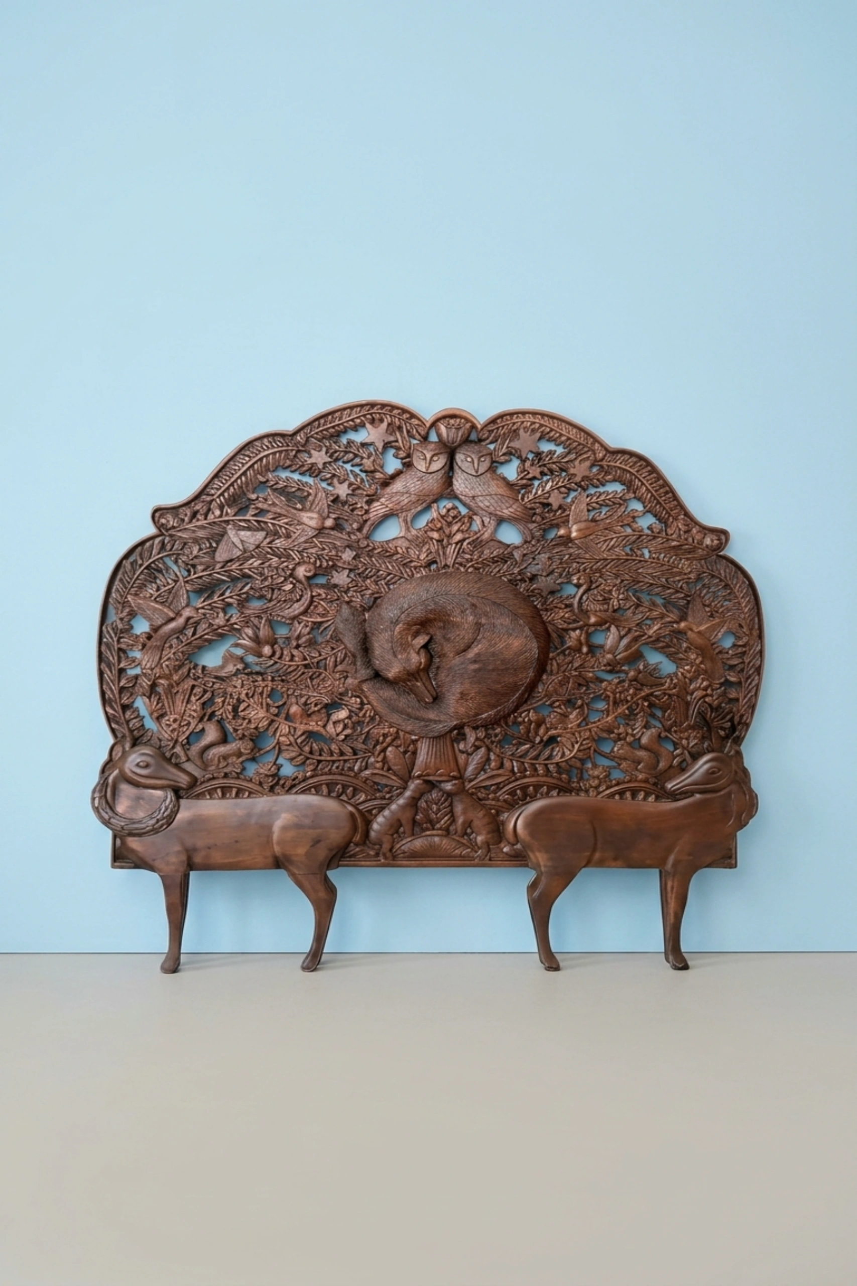 Handcarved Menagerie Deer Fox Headboard Dark Brown, buy handcarved menagerie deer fox, luxury handcarved menagerie deer fox, handcrafted handcarved menagerie deer fox, handcarved menagerie deer designHandcarved_Menagerie_Deer_Fox_Headboard_Dark_Brown_image_01_front_view_luxury_handcrafted_bedroom_bed_headboard_four_poster_embossed_statement_artisan_premium_interior_furnitu.webp