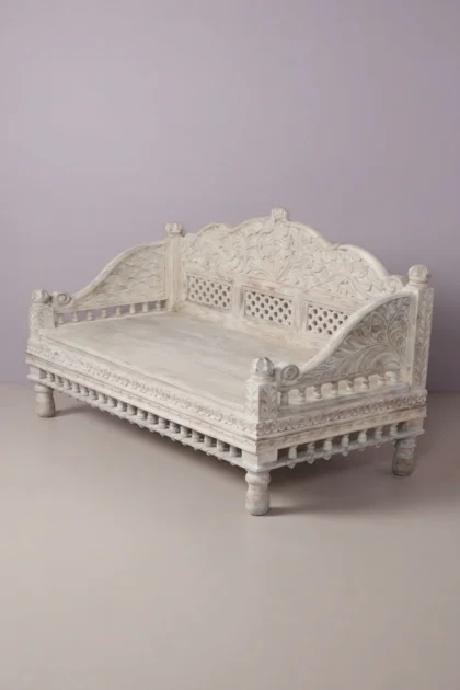 Natalie Handcarved Daybed White Distress, buy natalie handcarved daybed white, luxury natalie handcarved daybed white, handcrafted natalie handcarved daybed white, natalie handcarved daybed gift, caneNatalie_Handcarved_Daybed_White_Distress_image_01_front_view_luxury_handcarved_wooden_daybed_cane_bedroom_living_room_lounge_artisan_premium_interior_furniture.webp