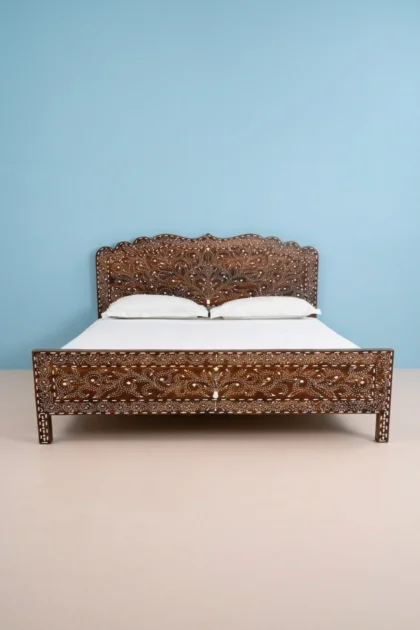 Bone Inlaid Teakwood Bed Mehraab Walnut Finish, buy bone inlaid teakwood bed, luxury bone inlaid teakwood bed, handcrafted bone inlaid teakwood bed, handmade bone inlaid teakwood bed, bone inlaid, bedbone-inlaid-teakwood-bed-mehraab-walnut-finish-bedroom-furniture-beds-bone-inlay-furniture-handmade-bone-inlay-01.webp