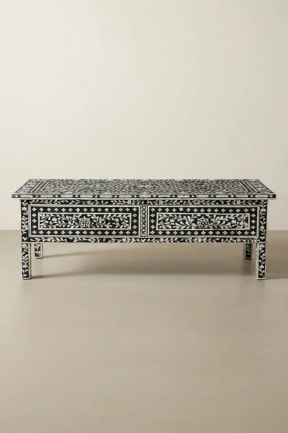 Floral Bone Inlay 2 Drawer Coffee Table Black Coffee Table With Inlay, buy floral bone inlay drawer, luxury floral bone inlay drawer, handcrafted floral bone inlay drawer, floral bone inlay gift, bonefloral-bone-inlay-2-drawer-coffee-table-black-coffee-table-with-inlay-black-furniture-bone-inlay-furniture-center-table-coffee-table-f-01.webp