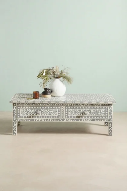 Floral Bone Inlay 2 Drawer Coffee Table Grey Coffee Table With Inlay, buy floral bone inlay drawer, luxury floral bone inlay drawer, handcrafted floral bone inlay drawer, floral bone inlay gift, bonefloral-bone-inlay-2-drawer-coffee-table-grey-coffee-table-with-inlay-bone-inlay-furniture-center-table-coffee-table-floral-design-flora-01.webp