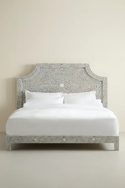 Floral Bone Inlay Bed Grey, buy floral bone inlay bed, luxury floral bone inlay bed, handcrafted floral bone inlay bed, handmade floral bone inlay bed, floral bone inlay bed online, floral bone, bonefloral-bone-inlay-bed-grey-bedroom-furniture-beds-bone-inlay-furniture-floral-design-floral-pattern-flower-motif-grey-furniture-handmade-bone-inlay-01.webp