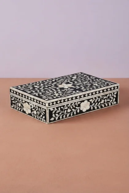 Floral Bone Inlay Box Black, buy floral bone inlay box, luxury floral bone inlay box, handcrafted floral bone inlay box, handmade floral bone inlay box, floral bone inlay box online, floral bone, bonefloral-bone-inlay-box-black-black-furniture-bone-inlay-furniture-box-floral-design-floral-pattern-flower-motif-handmade-bone-inlay-jewelry-box-ornamental-box-01.webp