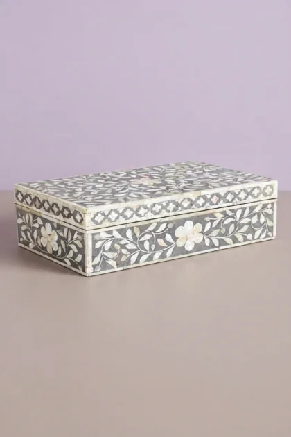 Floral Bone Inlay Box Grey, buy floral bone inlay box, luxury floral bone inlay box, handcrafted floral bone inlay box, handmade floral bone inlay box, floral bone inlay box online, floral bone, bonefloral-bone-inlay-box-grey-bone-inlay-furniture-box-floral-design-floral-pattern-flower-motif-grey-furniture-handmade-bone-inlay-jewelry-box-ornamental-box-01.webp