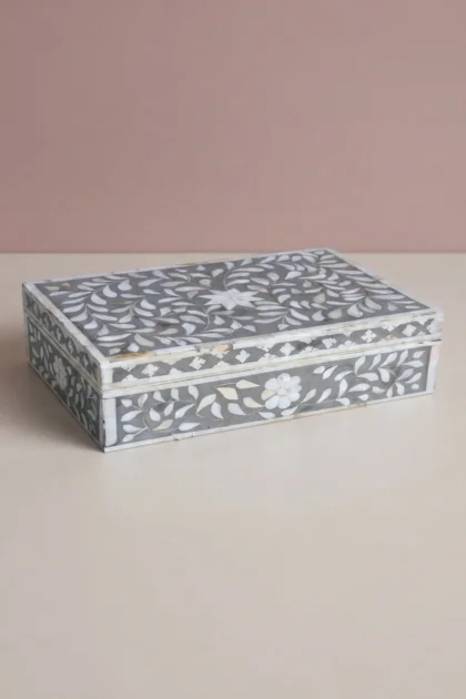 Floral Mother Of Pearl Inlay Box Grey, buy floral mother pearl inlay, luxury floral mother pearl inlay, handcrafted floral mother pearl inlay, handmade floral mother pearl inlay, floral mother, floralfloral-mother-of-pearl-inlay-box-grey-box-floral-design-floral-pattern-flower-motif-grey-furniture-jewelry-box-mop-inlay-furniture-mother-of-pearl-inlay-ornamental-box-01.webp