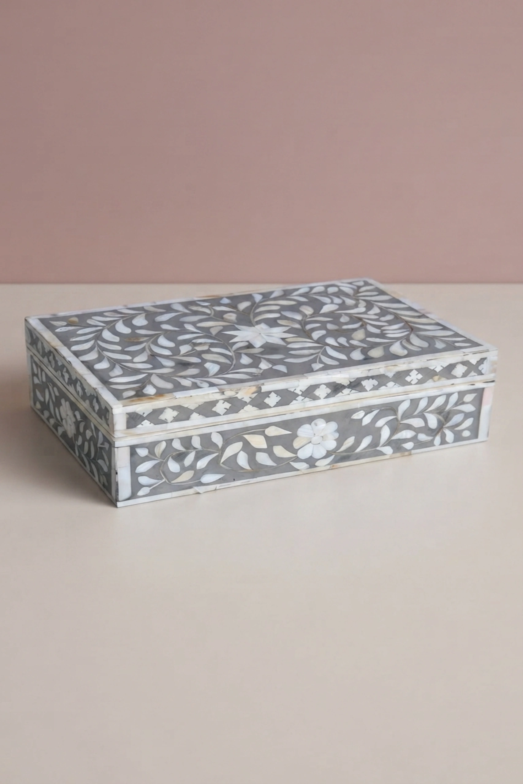 Floral Mother Of Pearl Inlay Box Grey, buy floral mother pearl inlay, luxury floral mother pearl inlay, handcrafted floral mother pearl inlay, handmade floral mother pearl inlay, floral mother, floralfloral-mother-of-pearl-inlay-box-grey-box-floral-design-floral-pattern-flower-motif-grey-furniture-jewelry-box-mop-inlay-furniture-mother-of-pearl-inlay-ornamental-box-01.webp
