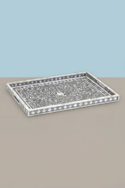 Floral Rectangular Mother of Pearl Inlay Tray Grey, buy floral rectangular mother pearl, luxury floral rectangular mother pearl, handcrafted floral rectangular mother pearl, floral rectangular, floralfloral-rectangular-mother-of-pearl-inlay-tray-grey-decorative-tray-floral-design-floral-pattern-flower-motif-grey-furniture-mop-inlay-furniture-moth-01.webp