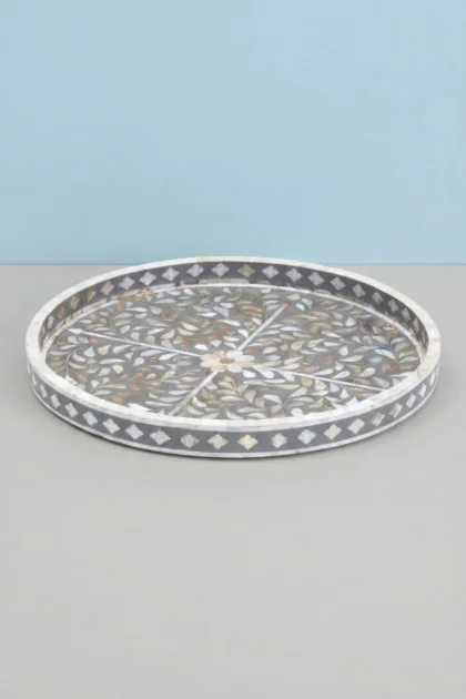 Grey Mother Of Pearl Inlay Round Tray Floral, buy grey mother pearl inlay, luxury grey mother pearl inlay, handcrafted grey mother pearl inlay, handmade grey mother pearl inlay, grey mother pearl giftgrey-mother-of-pearl-inlay-round-tray-floral-decorative-tray-floral-design-floral-pattern-flower-motif-grey-furniture-mop-inlay-furniture-mother-of-pearl-01.webp