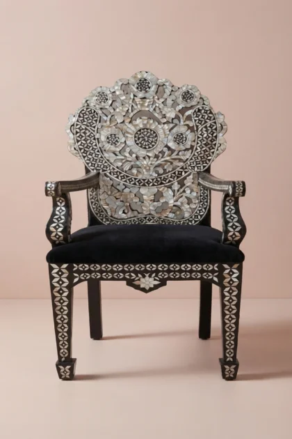 handcarved MOP inlay flower chair black,ornate black MOP floral accent chair,black handcarved ornate MOP flower chair,artisan black MOP botanical flower inlay chairhandcarved-mop-inlay-ornate-flower-chair-black-accent-chair-black-furniture-botanical-design-chair-flower-pattern-mop-inlay-furniture-mother-of-pearl-inlay-01.webp