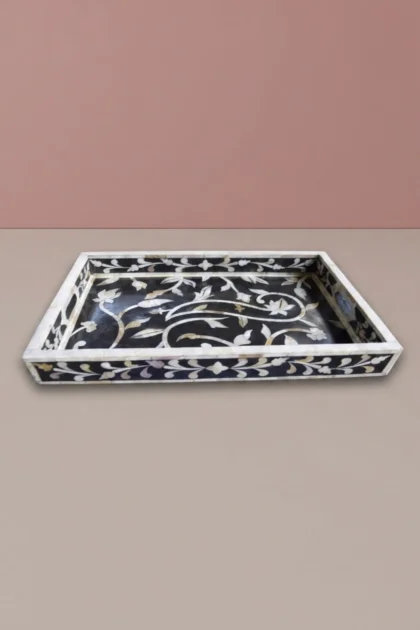 Lily Mother of Pearl Inlay Tray Black, buy lily mother pearl inlay, luxury lily mother pearl inlay, handcrafted lily mother pearl inlay, handmade lily mother pearl inlay, lily mother pearl inlay indialily-mother-of-pearl-inlay-tray-black-black-furniture-decorative-tray-mop-inlay-furniture-mother-of-pearl-inlay-01.webp