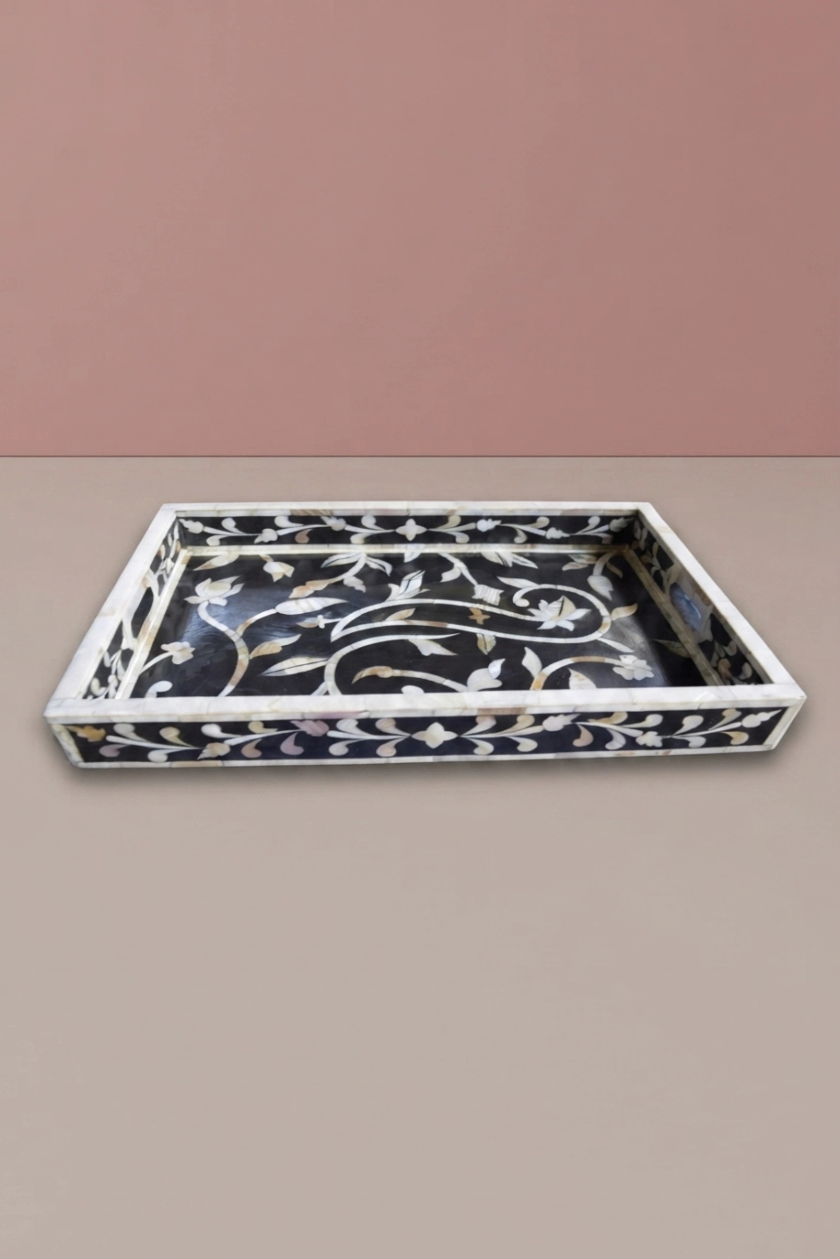Lily Mother of Pearl Inlay Tray Black, buy lily mother pearl inlay, luxury lily mother pearl inlay, handcrafted lily mother pearl inlay, handmade lily mother pearl inlay, lily mother pearl inlay indialily-mother-of-pearl-inlay-tray-black-black-furniture-decorative-tray-mop-inlay-furniture-mother-of-pearl-inlay-01.webp