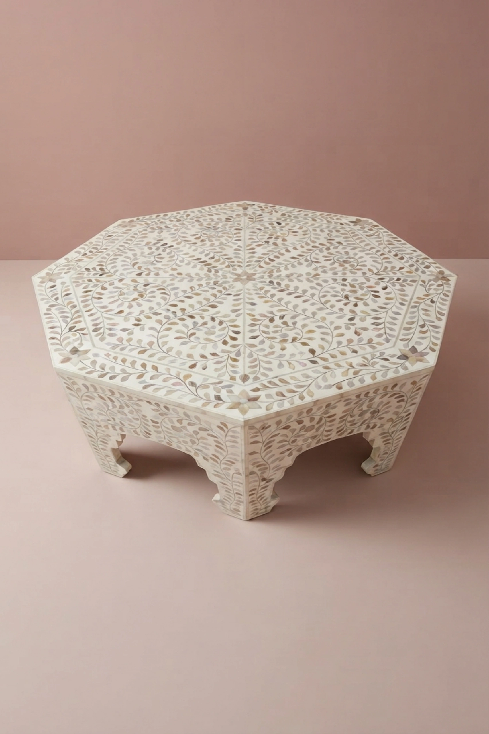 MOP Inlay Floral Octagonal Coffee Table White, buy mop inlay floral octagonal, luxury mop inlay floral octagonal, handcrafted mop inlay floral octagonal, handmade mop inlay floral octagonal, mop inlaymop-inlay-floral-octagonal-coffee-table-white-center-table-coffee-table-floral-design-floral-pattern-flower-motif-furniture-table-mop-inlay-furniture-mother-o-01.webp