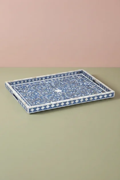 Mother Of Pearl Inlay Floral Rectangular Tray Blue, buy mother pearl inlay floral, luxury mother pearl inlay floral, handcrafted mother pearl inlay floral, handmade mother pearl inlay floral, mothermother-of-pearl-inlay-floral-rectangular-tray-blue-blue-furniture-decorative-tray-floral-design-floral-pattern-flower-motif-mop-inlay-furniture-moth-01.webp