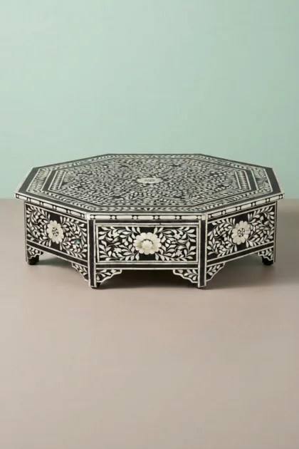 Octagonal Bone Inlay Floral Coffee Table Black With Drawer, buy octagonal bone inlay floral, luxury octagonal bone inlay floral, handcrafted octagonal bone inlay floral, octagonal bone inlay giftoctagonal-bone-inlay-floral-coffee-table-black-with-drawer-black-furniture-bone-inlay-furniture-center-table-coffee-table-floral-design-floral-pa-01.webp