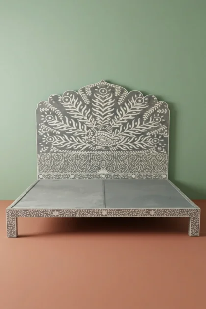 Peacock Mother of Pearl Inlay Bed Dark Grey, buy peacock mother pearl inlay, luxury peacock mother pearl inlay, handcrafted peacock mother pearl inlay, handmade peacock mother pearl inlay, pearl inlaypeacock-mother-of-pearl-inlay-bed-dark-grey-bedroom-furniture-beds-grey-furniture-mop-inlay-furniture-mother-of-pearl-inlay-01.webp