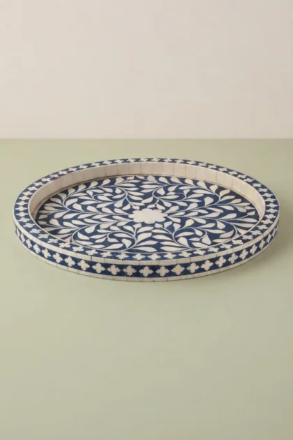 Small Round Bone Inlay Tray Floral Design Blue, buy small round bone inlay, luxury small round bone inlay, handcrafted small round bone inlay, handmade small round bone inlay, small round bone giftsmall-round-bone-inlay-tray-floral-design-blue-blue-furniture-bone-inlay-furniture-decorative-tray-floral-design-floral-pattern-flower-motif-handmade-bo-01.webp