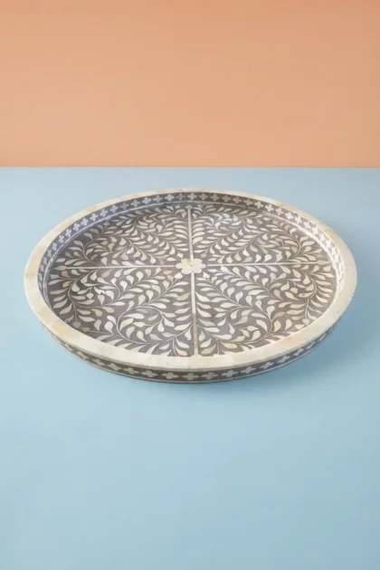 Small Round Bone Inlay Tray Floral Design Grey, buy small round bone inlay, luxury small round bone inlay, handcrafted small round bone inlay, handmade small round bone inlay, small round bone giftsmall-round-bone-inlay-tray-floral-design-grey-bone-inlay-furniture-decorative-tray-floral-design-floral-pattern-flower-motif-grey-furniture-handmade-bo-01.webp