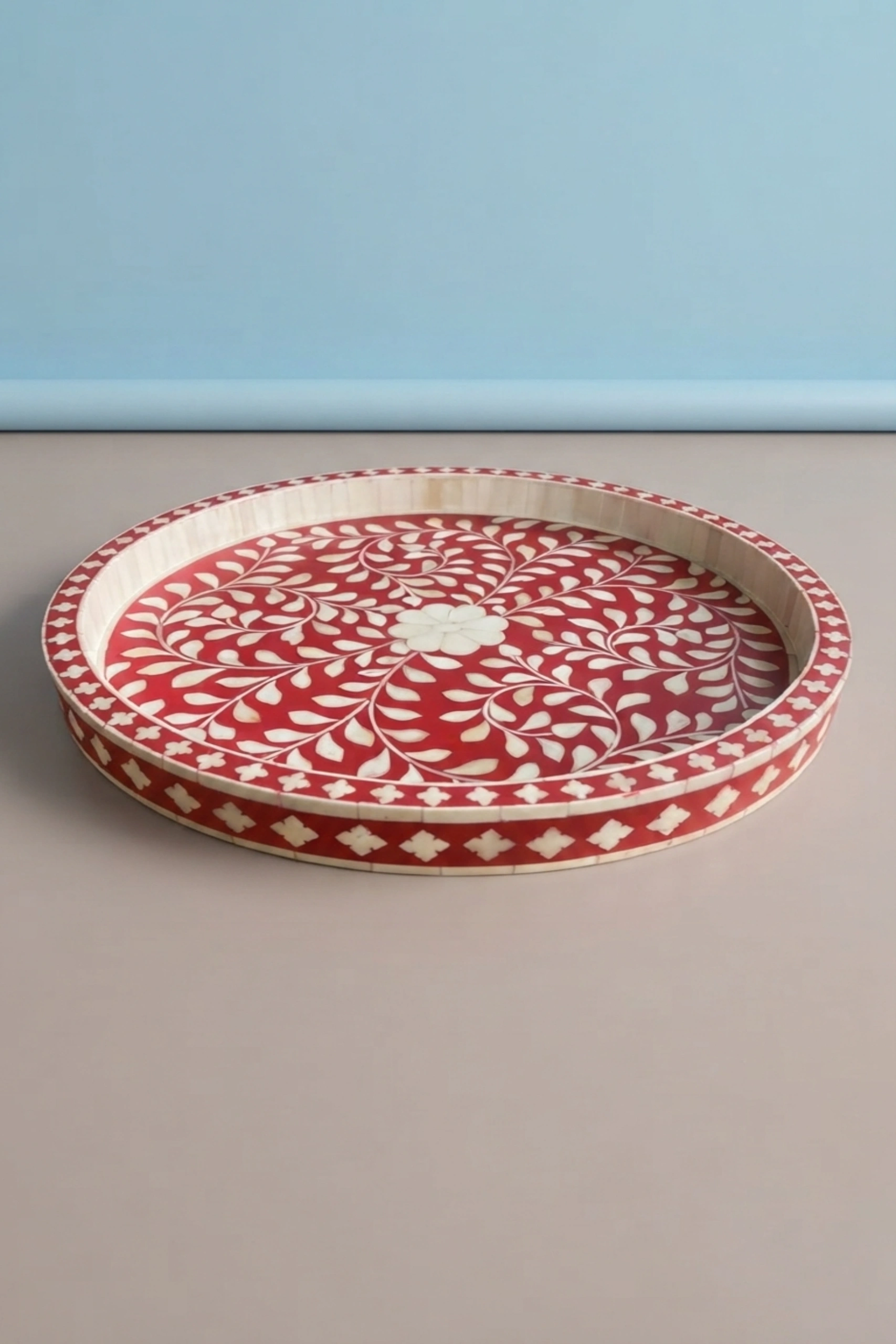 Small Round Bone Inlay Tray Floral Design Red, buy small round bone inlay, luxury small round bone inlay, handcrafted small round bone inlay, handmade small round bone inlay, small round bone giftsmall-round-bone-inlay-tray-floral-design-red-bone-inlay-furniture-decorative-tray-floral-design-floral-pattern-flower-motif-handmade-bone-inlay-red-furn-01.webp