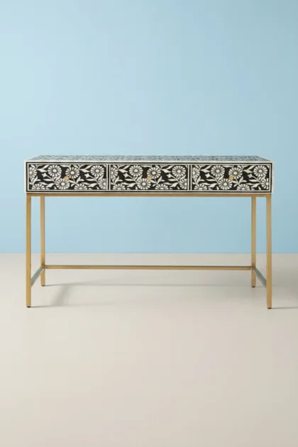 Lalita Inlay Desk Black, buy lalita inlay desk black, luxury lalita inlay desk black, handcrafted lalita inlay desk black, handmade lalita inlay desk black, lalita inlay desk black online, lalita deskLalita_Inlay_Desk_Black_image_01_front_view_luxury_inlay_desk_console_dressing_table_drawer_storage_bedroom_study_artisan_premium_interior_furniture.webp