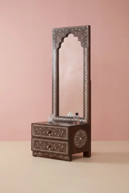Teakwood Bone Inlay Dressing Table, buy teakwood bone inlay dressing, luxury teakwood bone inlay dressing, handcrafted teakwood bone inlay dressing, handmade teakwood bone inlay dressing, bone inlayTeakwood_Bone_Inlay_Dressing_Table_image_01_front_view_luxury_inlay_desk_console_dressing_table_drawer_storage_bedroom_study_artisan_premium_interior_furniture.webp