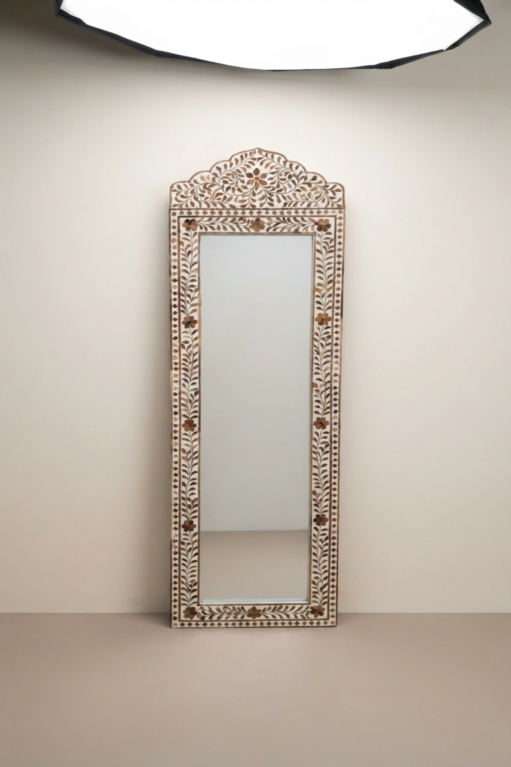Teakwood Inlay Crested Floor Mirror Beige, buy teakwood inlay crested floor, luxury teakwood inlay crested floor, handcrafted teakwood inlay crested floor, handmade teakwood inlay crested floor, inlayTeakwood_Inlay_Crested_Floor_Mirror_Beige_image_01_front_view_luxury_decorative_mirror_wall_mirror_floor_mirror_teakwood_brass_statement_home_decor_premium_interior_accent.webp