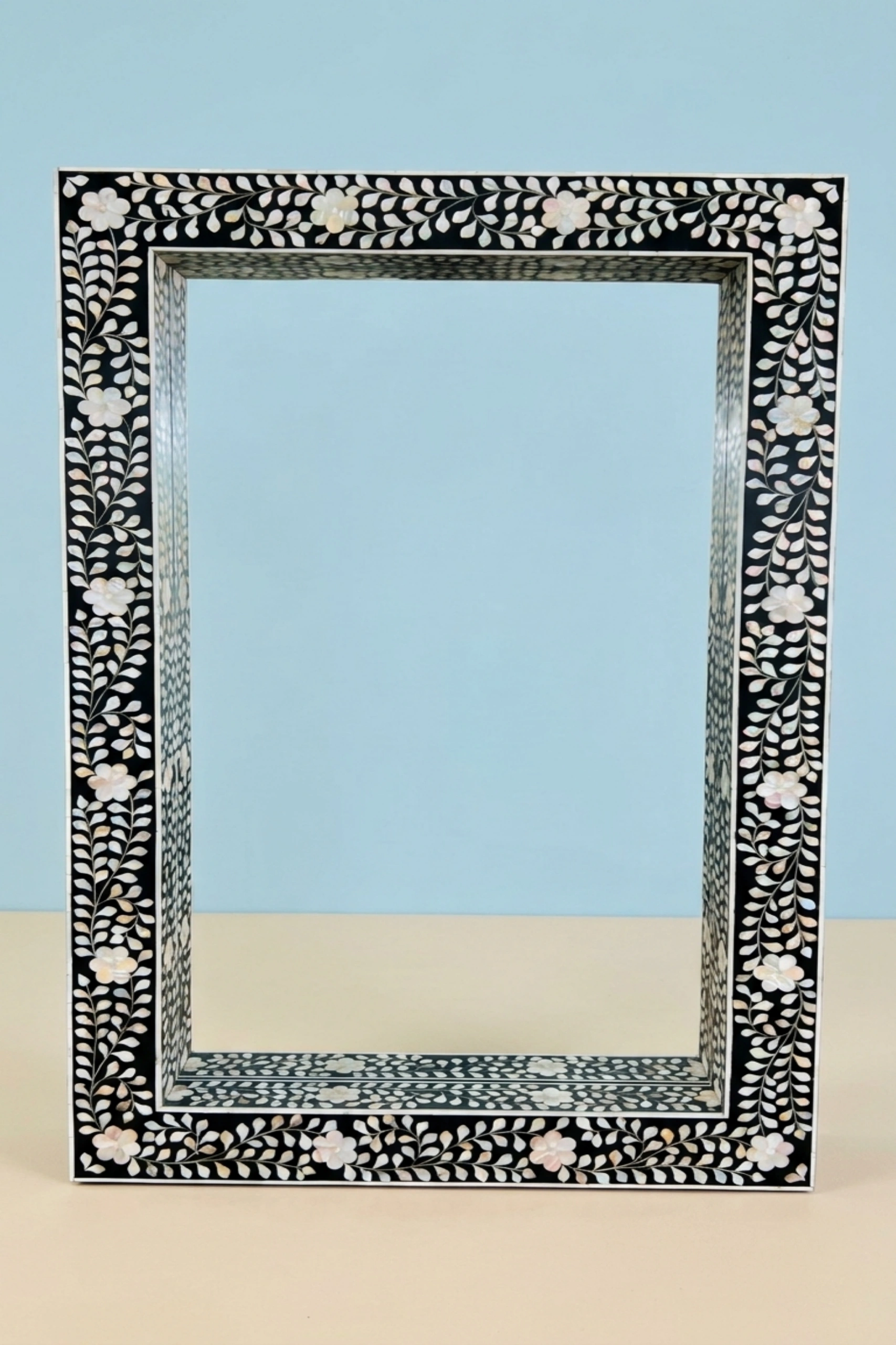 Black MOP Inlay Floral Floor Mirror, buy black mop inlay floral, luxury black mop inlay floral, handcrafted black mop inlay floral, handmade black mop inlay floral, black mop inlay floral online, mopblack-mop-inlay-floral-floor-mirror-black-furniture-decorative-mirror-floral-design-floral-pattern-flower-motif-mop-inlay-furniture-mother-of-pearl-inlay-wall-mirror-01.webp