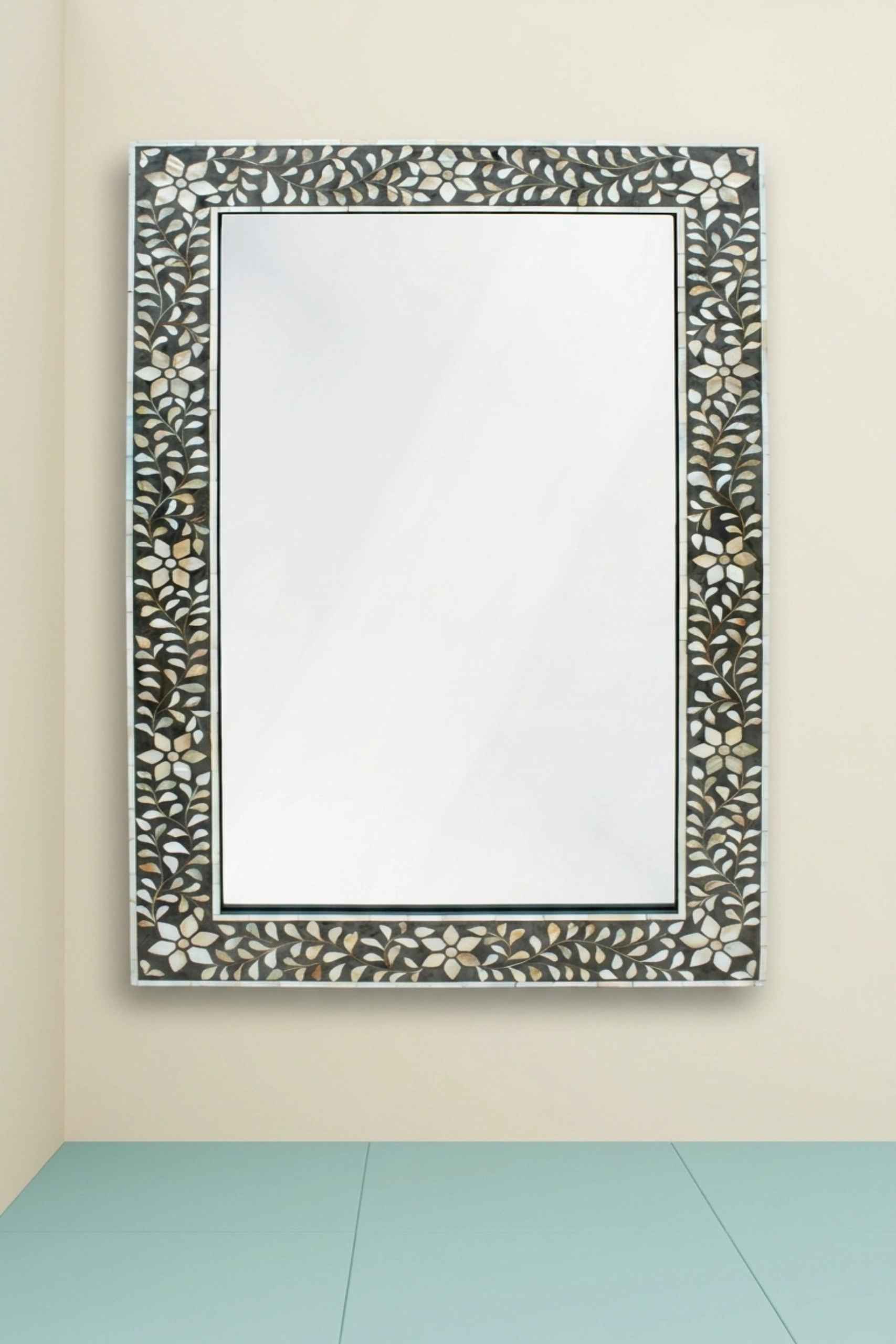 Black Mother Of Pearl Inlay Floral Mirror, buy black mother pearl inlay, luxury black mother pearl inlay, handcrafted black mother pearl inlay, handmade black mother pearl inlay, black mother, blackblack-mother-of-pearl-inlay-floral-mirror-black-furniture-decorative-mirror-floral-design-floral-pattern-flower-motif-mop-inlay-furniture-mother-of-pearl-inlay-wall-mi-01.webp