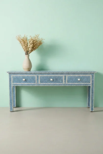 Blue Bone Inlay Fishscale Console 3 Drawer, buy blue bone inlay fishscale, luxury blue bone inlay fishscale, handcrafted blue bone inlay fishscale, handmade blue bone inlay fishscale, blue bone, blueblue-bone-inlay-fishscale-console-3-drawer-blue-furniture-bone-inlay-furniture-console-table-entryway-table-handmade-bone-inlay-01.webp