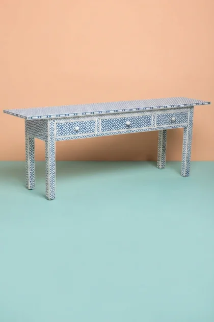 Blue Geometric Bone Inlay 3 Drawer Console Long Edges, buy blue geometric bone inlay, luxury blue geometric bone inlay, handcrafted blue geometric bone inlay, handmade blue geometric bone inlay, blueblue-geometric-bone-inlay-3-drawer-console-long-edges-blue-furniture-bone-inlay-furniture-console-table-entryway-table-geometric-design-geometric-01.webp