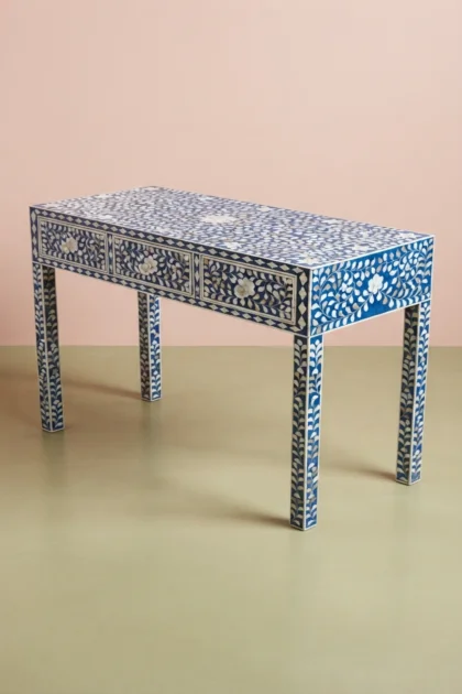 Blue Mother Of Pearl Inlay Floral 3 Drawer Console Table, buy blue mother pearl inlay, luxury blue mother pearl inlay, handcrafted blue mother pearl inlay, handmade blue mother pearl inlay, blue pearlblue-mother-of-pearl-inlay-floral-3-drawer-console-table-blue-furniture-console-table-entryway-table-floral-design-floral-pattern-flower-motif-01.webp
