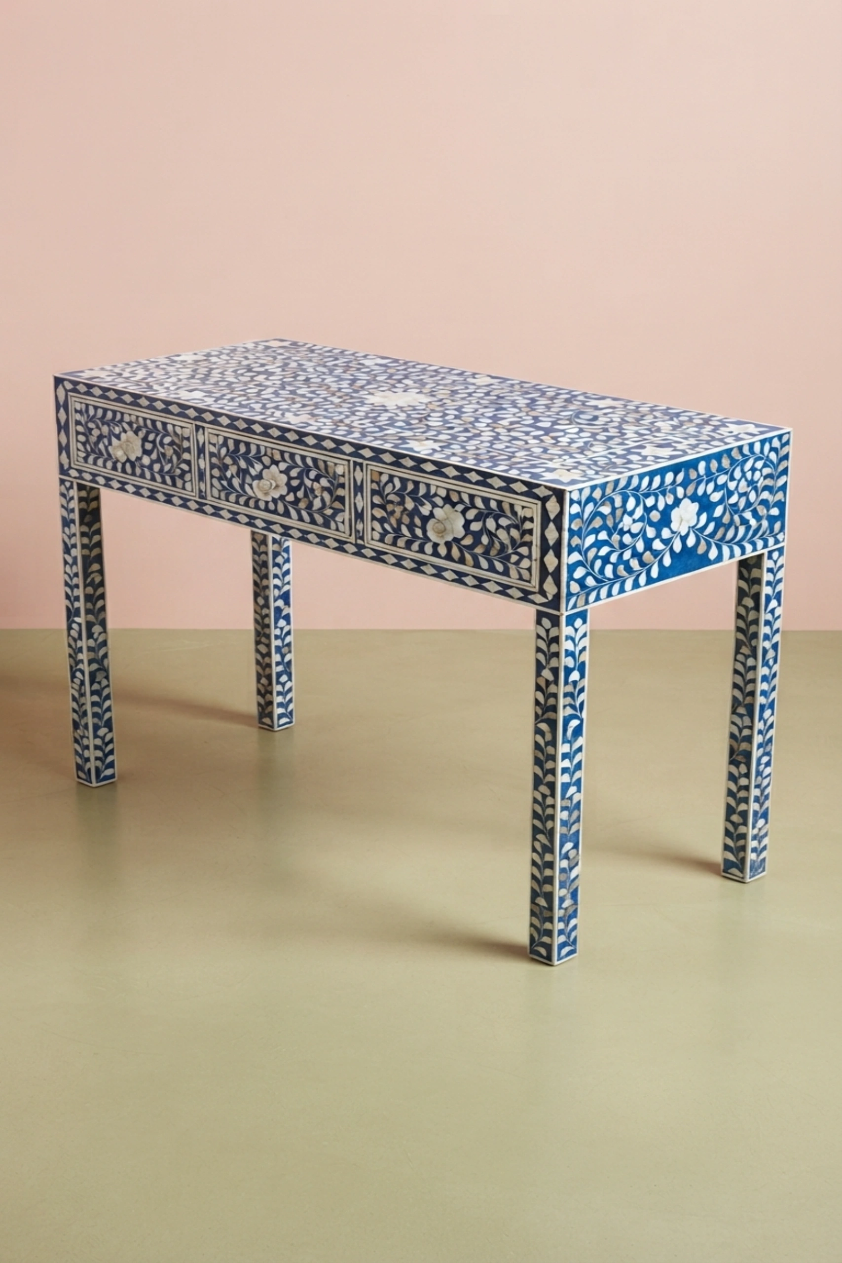 Blue Mother Of Pearl Inlay Floral 3 Drawer Console Table, buy blue mother pearl inlay, luxury blue mother pearl inlay, handcrafted blue mother pearl inlay, handmade blue mother pearl inlay, blue pearlblue-mother-of-pearl-inlay-floral-3-drawer-console-table-blue-furniture-console-table-entryway-table-floral-design-floral-pattern-flower-motif-01.webp