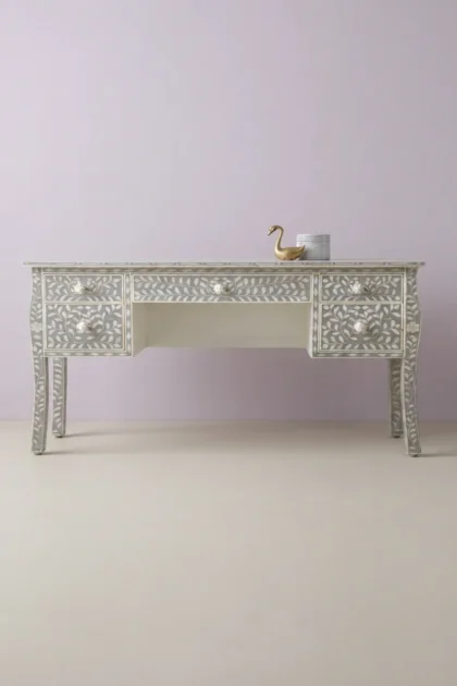 Bone Inlay Curved 5 Drawer Floral Desk Grey, buy bone inlay curved drawer, luxury bone inlay curved drawer, handcrafted bone inlay curved drawer, handmade bone inlay curved drawer, bone inlay, bonebone-inlay-curved-5-drawer-floral-desk-grey-bone-inlay-furniture-desk-floral-design-floral-pattern-flower-motif-grey-furniture-handmade-bone-inlay-home-off-01.webp