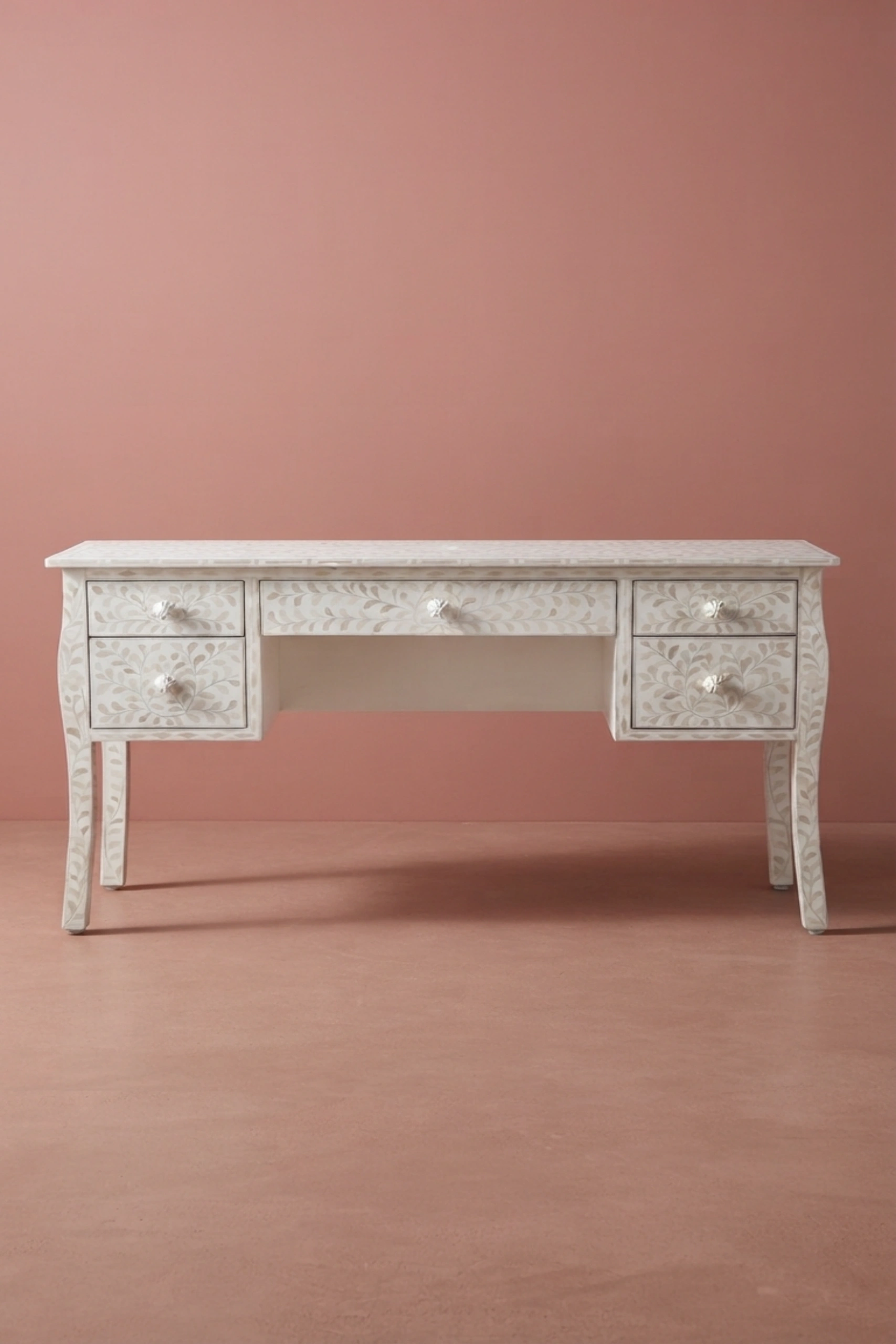 Bone Inlay Curved 5 Drawer Floral Desk White, buy bone inlay curved drawer, luxury bone inlay curved drawer, handcrafted bone inlay curved drawer, handmade bone inlay curved drawer, bone inlay, bonebone-inlay-curved-5-drawer-floral-desk-white-bone-inlay-furniture-desk-floral-design-floral-pattern-flower-motif-handmade-bone-inlay-home-office-furniture-01.webp