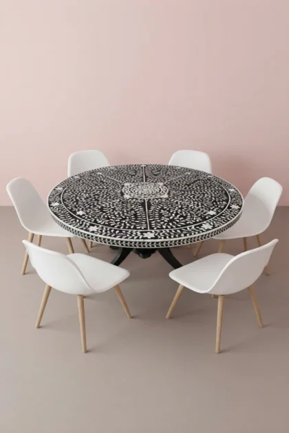 Bone Inlay Dining Table Flower Center Design Black, buy bone inlay dining table, luxury bone inlay dining table, handcrafted bone inlay dining table, handmade bone inlay dining table, bone inlay, bonebone-inlay-dining-table-flower-center-design-black-black-furniture-bone-inlay-furniture-botanical-design-dining-room-furniture-dining-ta-01.webp