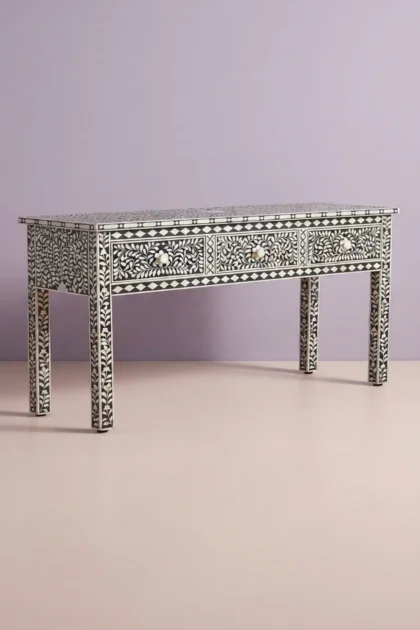Bone Inlay Floral 3 Drawer Console Edge Black, buy bone inlay floral drawer, luxury bone inlay floral drawer, handcrafted bone inlay floral drawer, handmade bone inlay floral drawer, bone inlay, bonebone-inlay-floral-3-drawer-console-edge-black-black-furniture-bone-inlay-furniture-console-table-entryway-table-floral-design-floral-pattern-flower-motif-01.webp