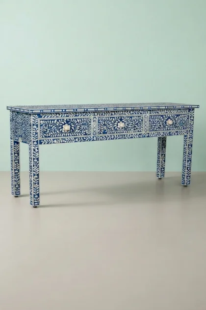 Bone Inlay Floral 3 Drawer Console Edge Dark Blue, buy bone inlay floral drawer, luxury bone inlay floral drawer, handcrafted bone inlay floral drawer, handmade bone inlay floral drawer, bone inlaybone-inlay-floral-3-drawer-console-edge-dark-blue-blue-furniture-bone-inlay-furniture-console-table-entryway-table-floral-design-floral-pattern-flowe-01.webp