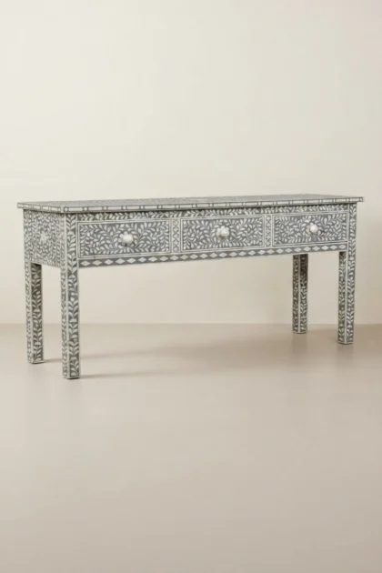 Bone Inlay Floral 3 Drawer Console Edge Grey, buy bone inlay floral drawer, luxury bone inlay floral drawer, handcrafted bone inlay floral drawer, handmade bone inlay floral drawer, bone inlay, bonebone-inlay-floral-3-drawer-console-edge-grey-bone-inlay-furniture-console-table-entryway-table-floral-design-floral-pattern-flower-motif-grey-furniture-ha-01.webp